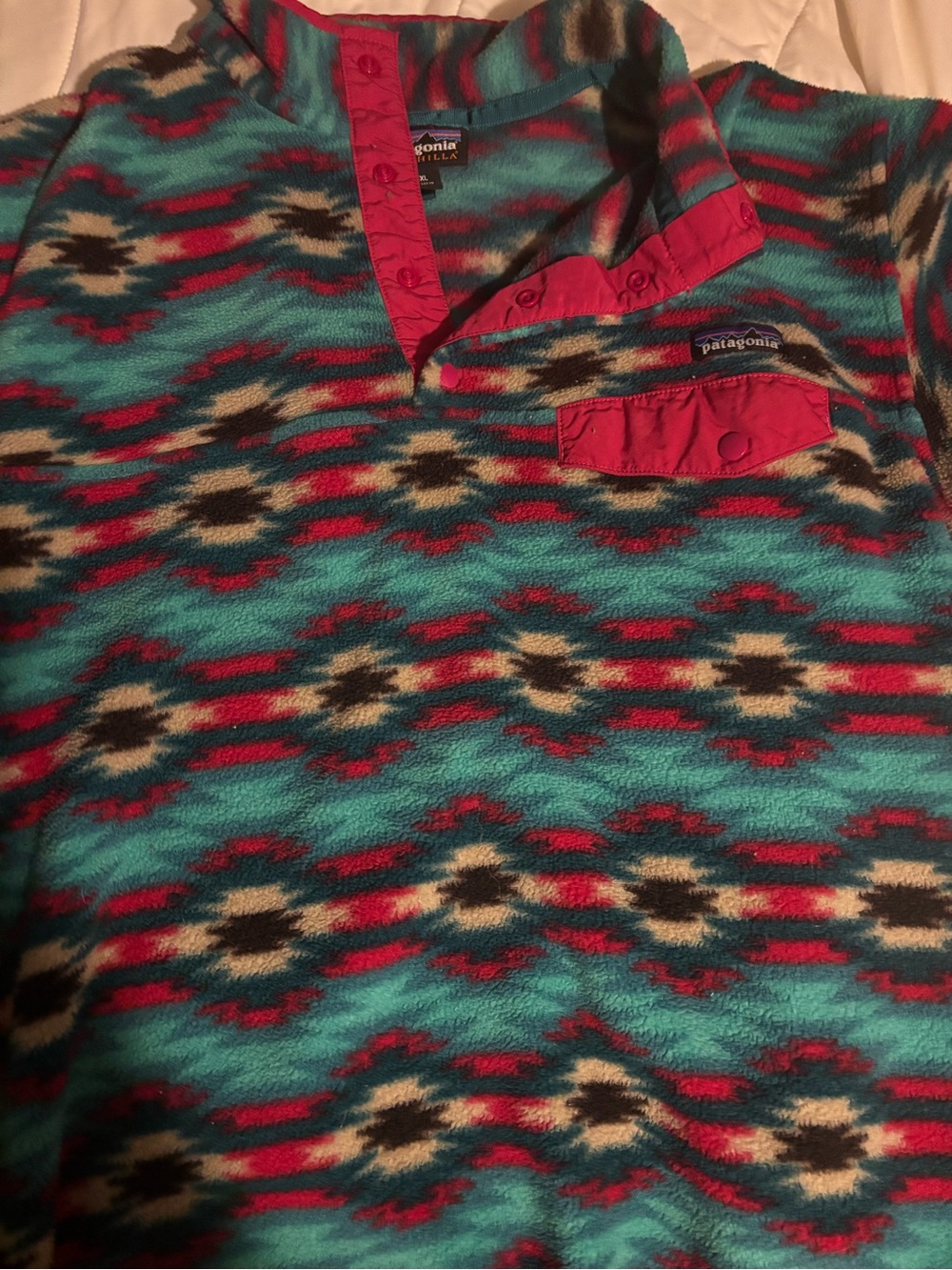 Patagonia Men’s Zip-Up Fleece in Teal and Red Pattern